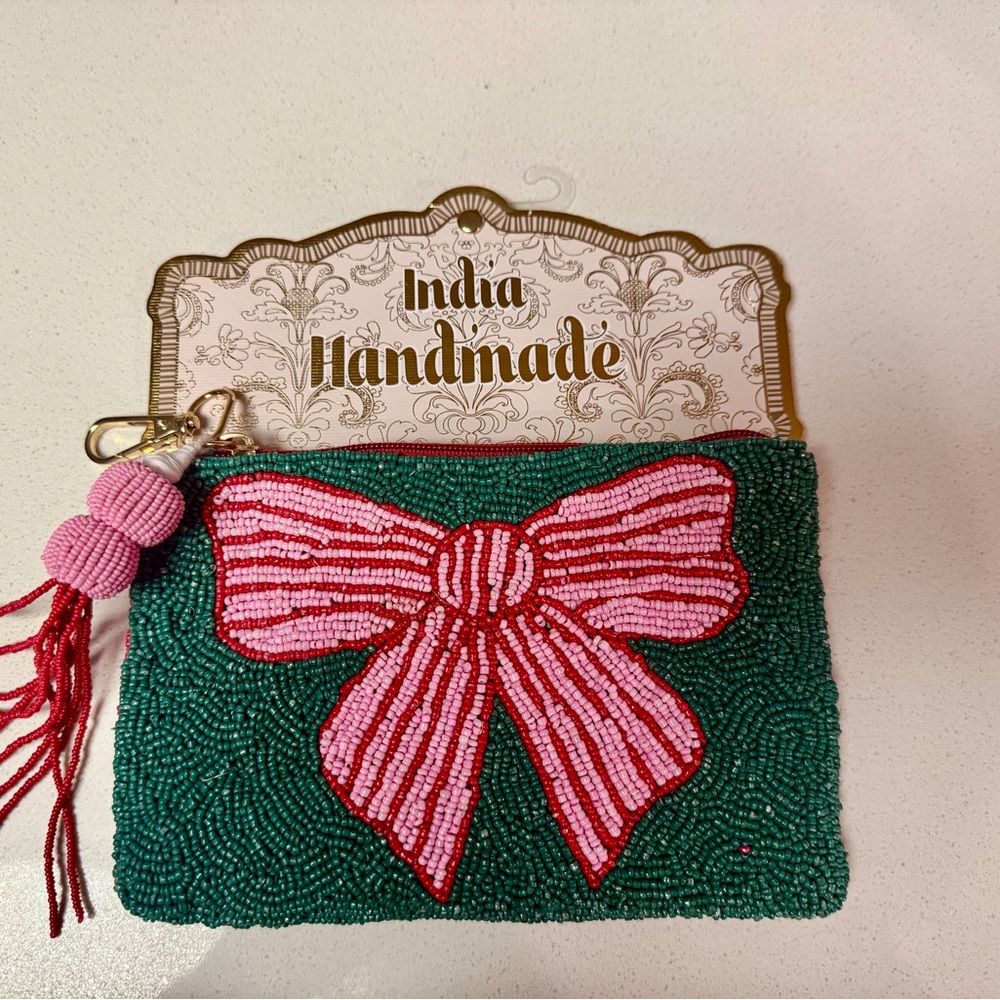 💚 Green Beaded Coin Purse w/ Pink Red Bow | Mini Pouch Statement